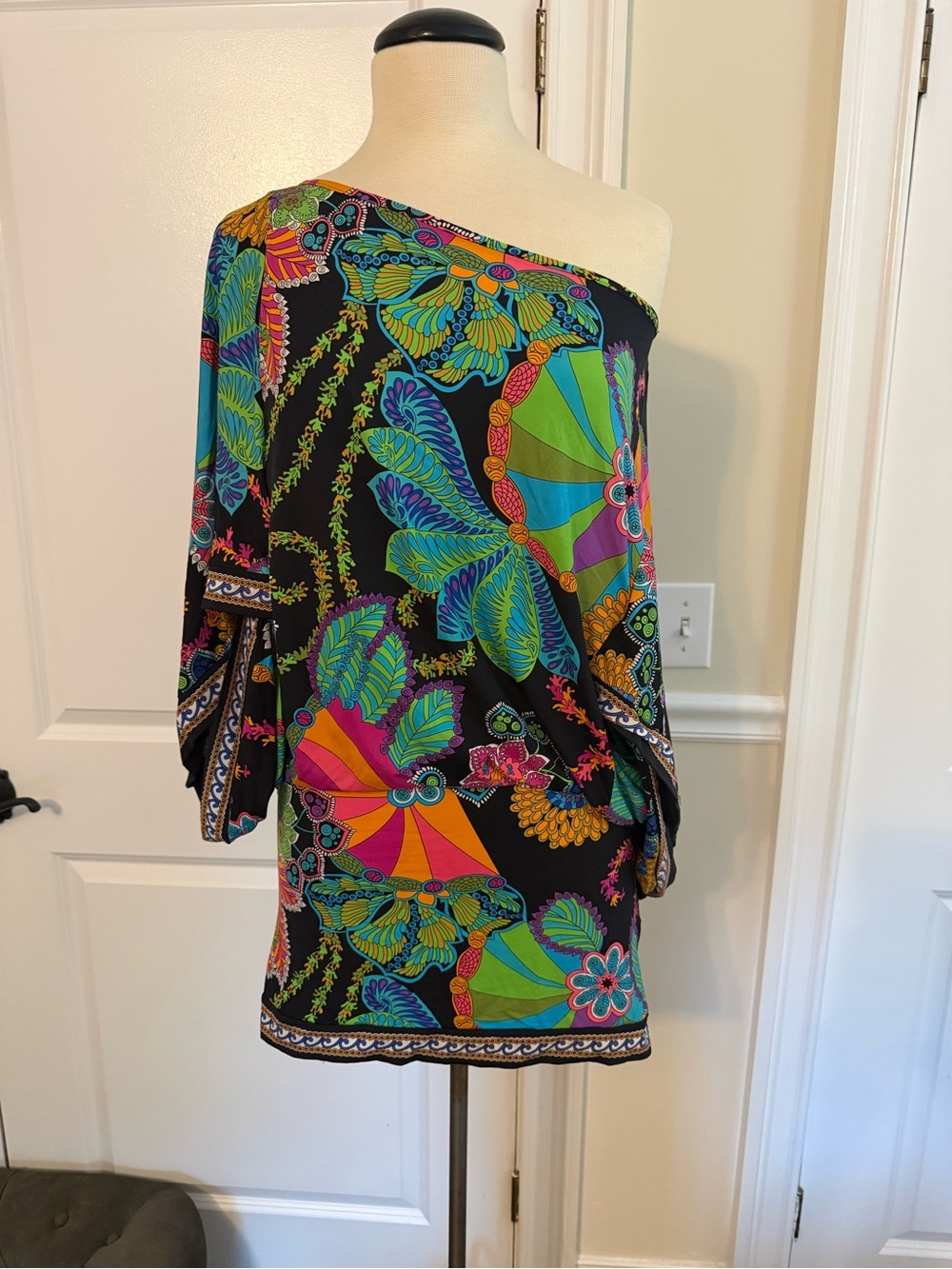 Trina Turk One-Shoulder Black Tunic with Bright Floral Print